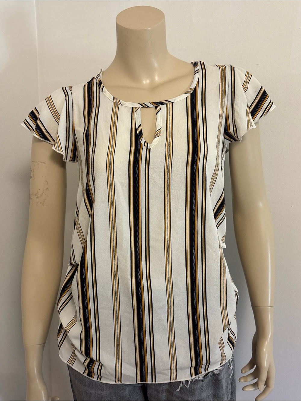 Papaya White Striped Keyhole Flutter Sleeve Blouse with Black & Gold Stripes